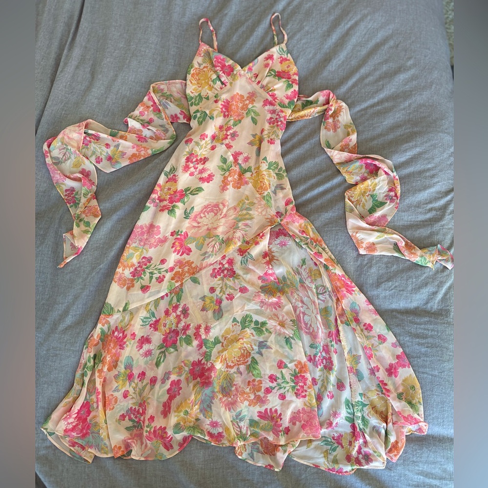 🌸 Pink & Orange Floral Maxi Dress w/ Slip | Size S 🌷